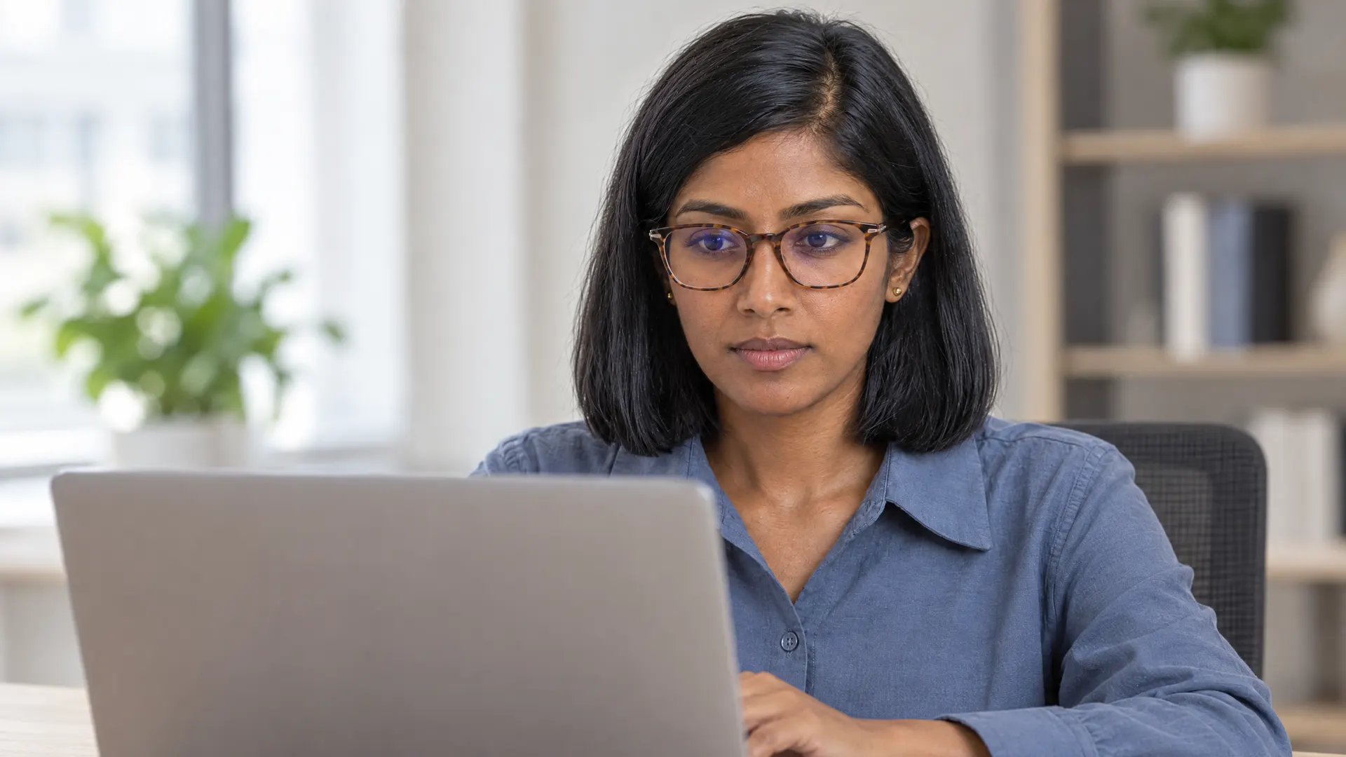 A woman in her late twenties in tortoiseshell glasses works at a laptop in a bright office; a faint blue-violet reflection sits on her lenses — the blue-light filter.
