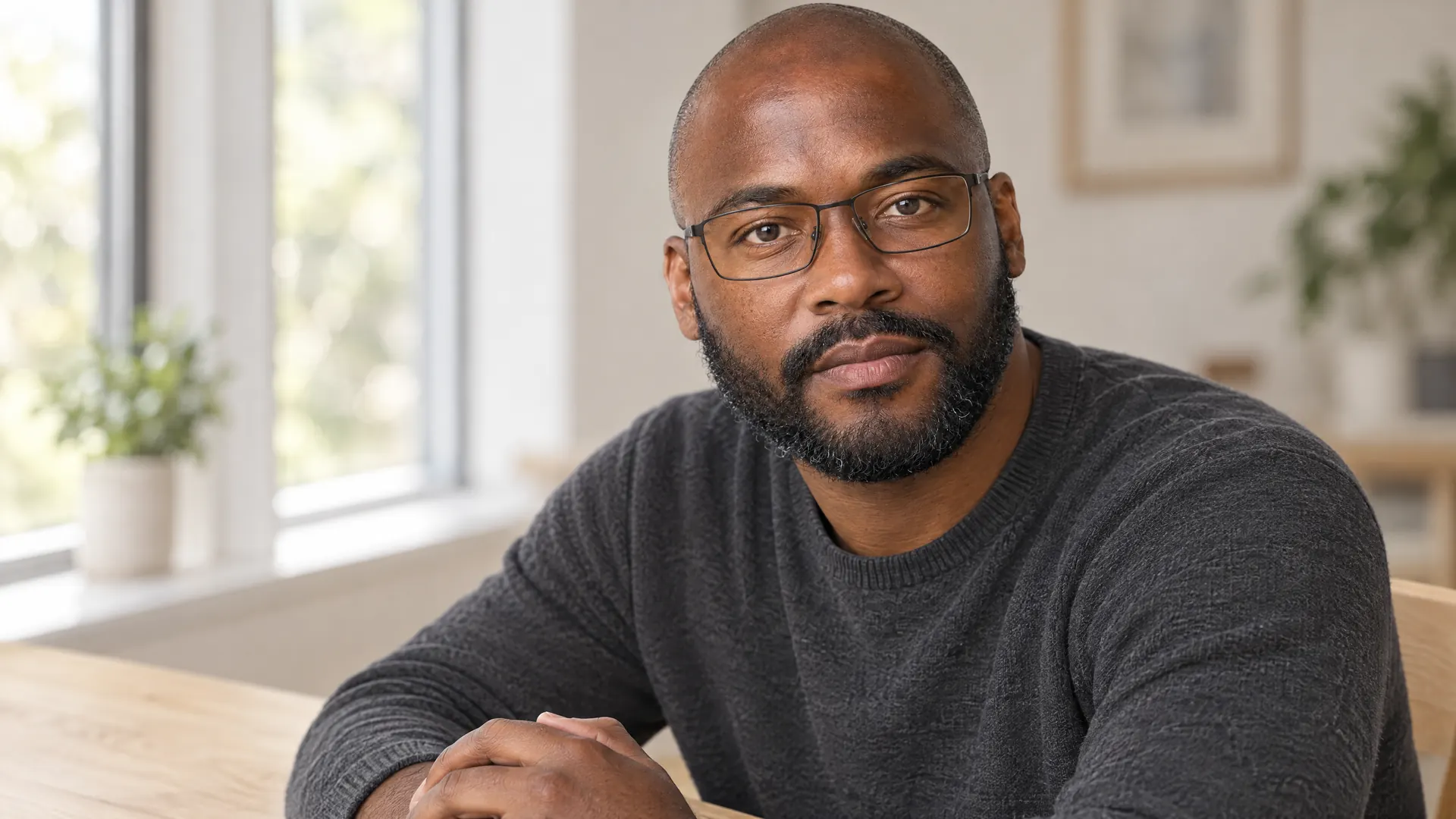 A man in his late thirties with a shaved head, a short beard and thin black glasses sits beside a bright window; his lenses show no reflection of it, his eyes clear through the glass — anti-reflective.