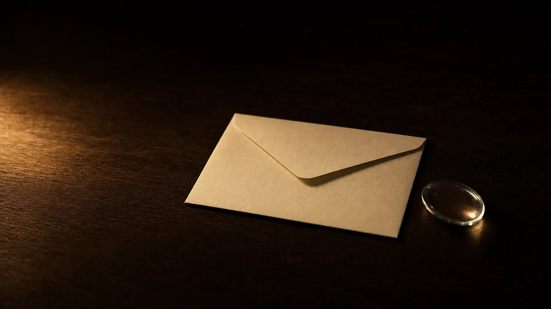 A blank cream envelope on a dark walnut desk, a single lens resting beside it.