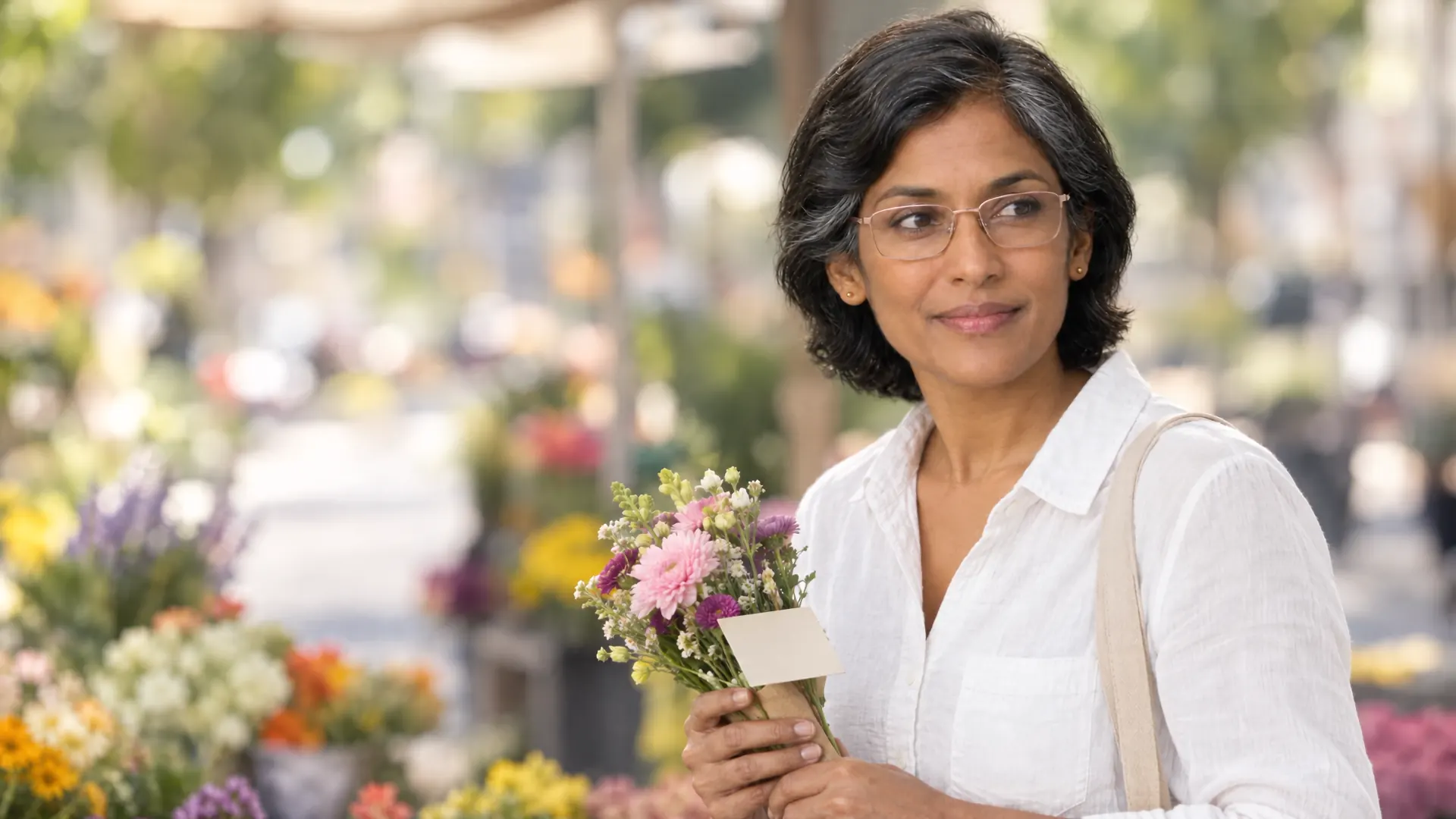 A woman in her forties in rose-gold glasses holds a small bunch of flowers at a bright street market and looks across the street.