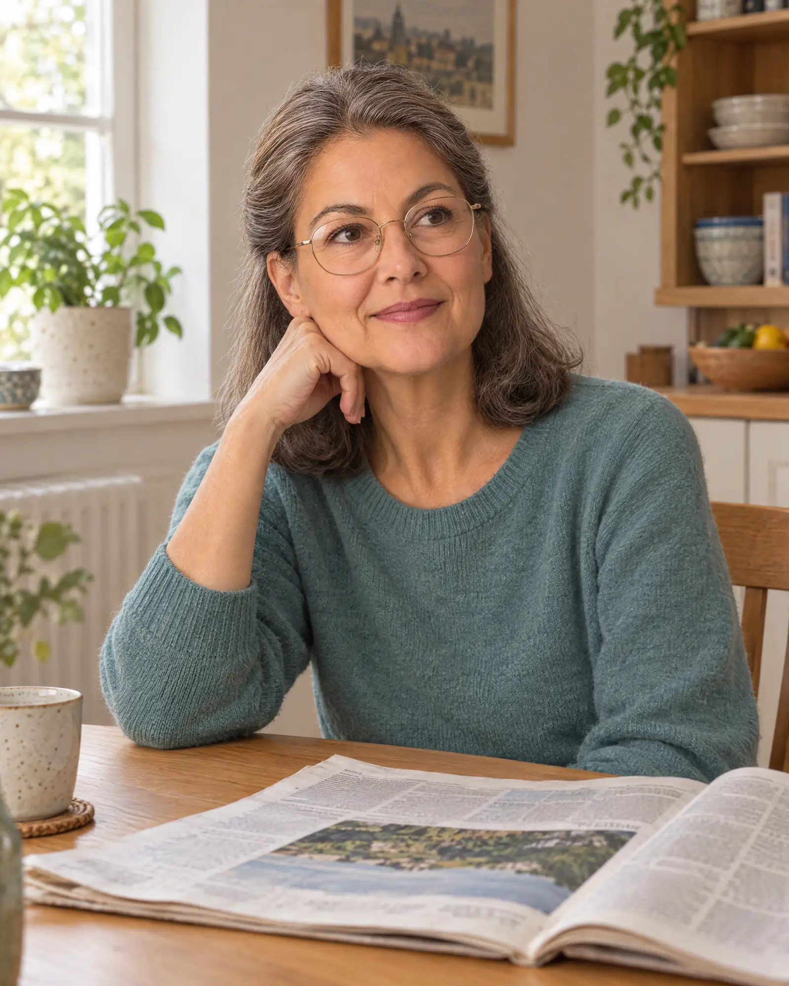 A woman in her sixties with gray shoulder-length hair and light gold glasses sits back at a kitchen table in the daylight, looking up from a newspaper into the room.
