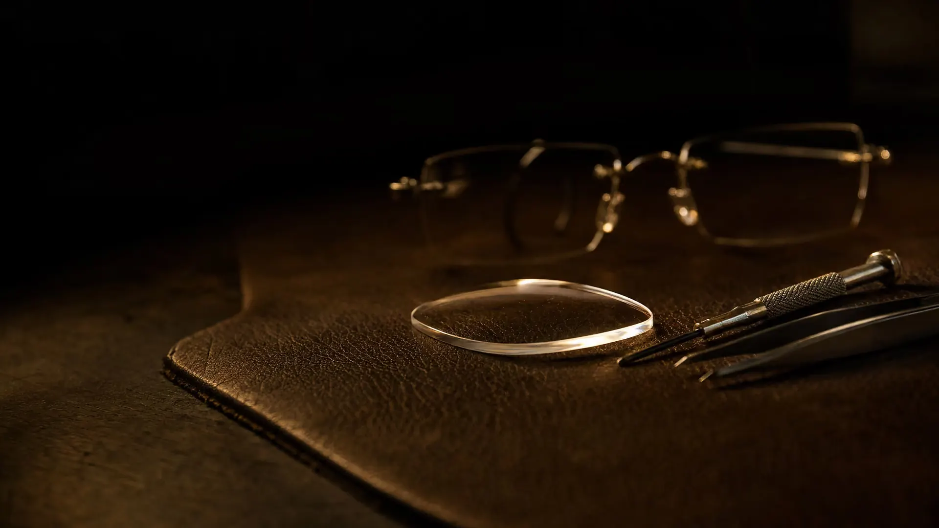 An optician's fitting bench: an edged lens beside a fine screwdriver and tweezers on a leather mat, a rimless frame softly behind.