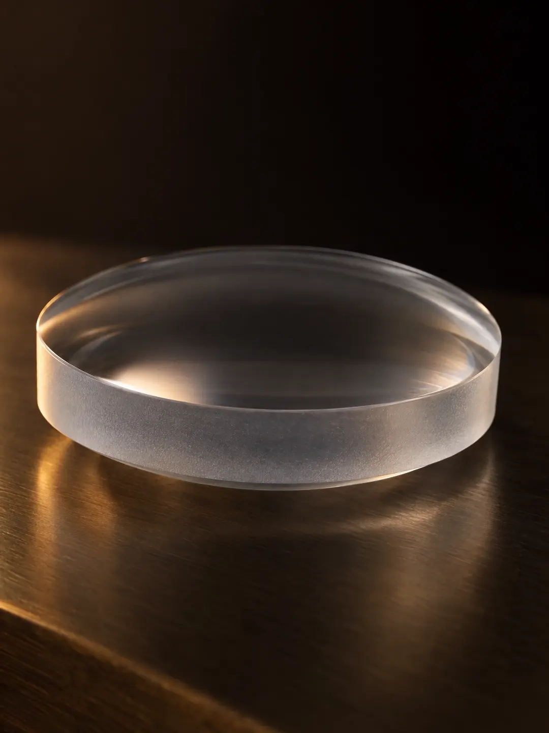 A thick, clear lens blank resting on a warm-lit surface.