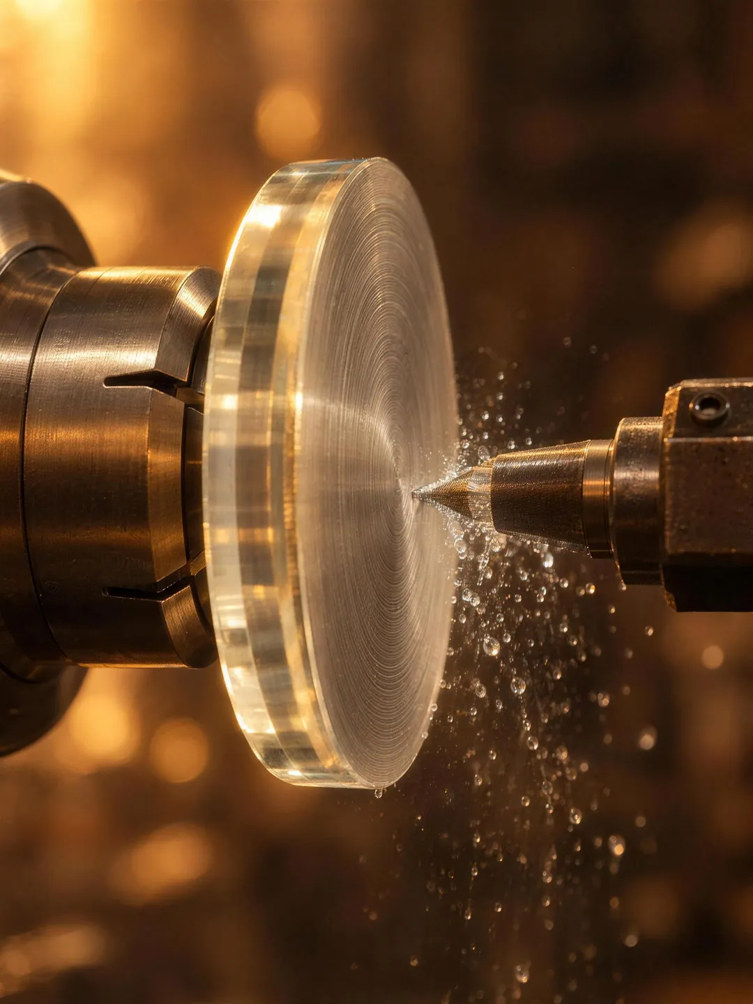 A diamond point cutting the back of a clear lens blank, fine droplets thrown from the turning surface.