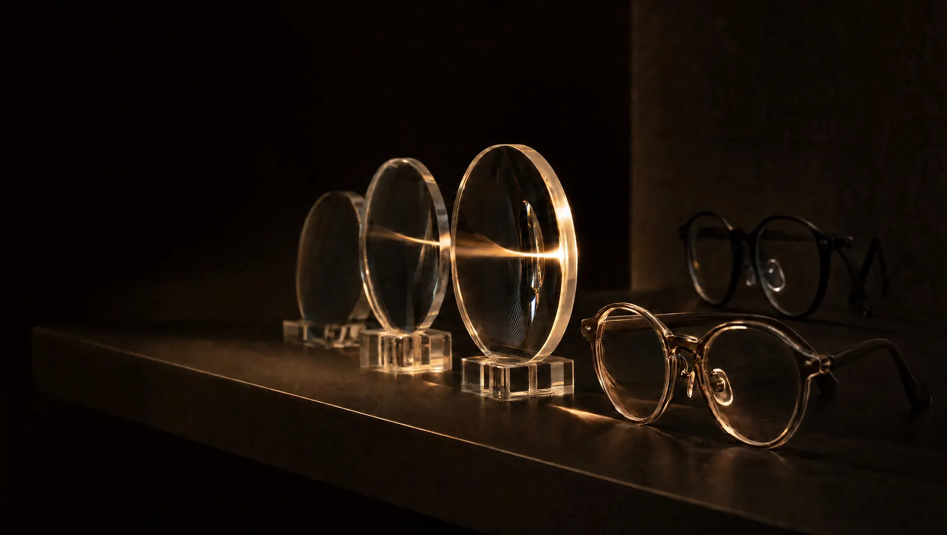 Three clear round lens blanks standing on small acrylic stands on a dark display shelf, a narrow beam of warm light passing through the nearest one, with two pairs of spectacle frames resting beside them in shadow.
